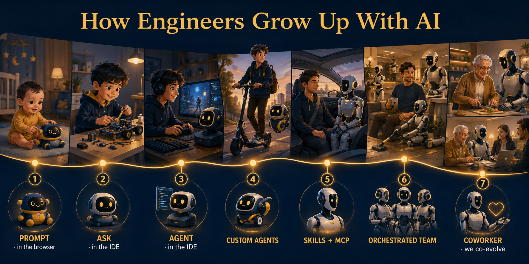 How engineers grow up with AI: seven stages from prompting in the browser, to Ask and Agent modes in the IDE, to custom agents, skills and MCP, an orchestrated team, and finally an AI coworker — shown as a person growing from baby to elder beside a companion that evolves from a toy into a humanoid robot